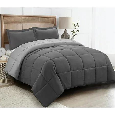 All Season Down Alternative Comforter Set- 3pc Box Stitched Reversible Comforter with Two Shams -Qui | Walmart (US)