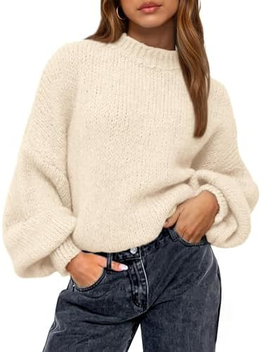 BTFBM Sweaters for Women Fall 2025 Crew Neck Lantern Long Sleeve Oversized Sweater Casual Knit Wi... | Amazon (US)