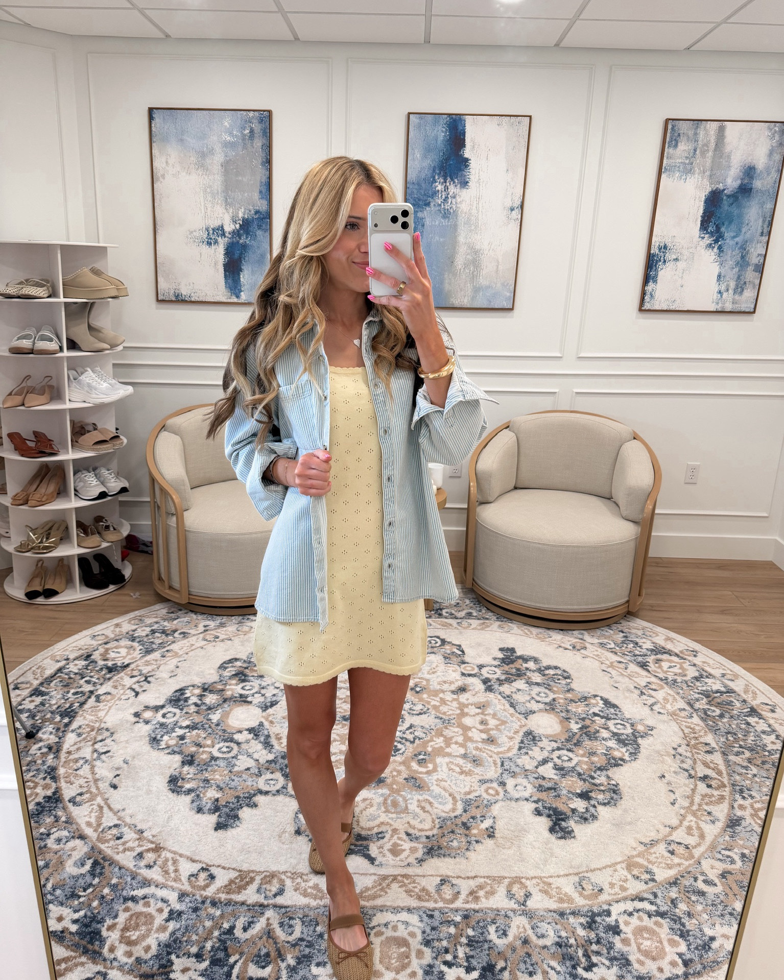 Old Navy finds that are so good right now and this layered look is giving all the spring charm 🤍✨ A buttery yellow eyelet mini dress with scallop hem detail layered under a blue and white striped oversized button down shirt — the combination is so soft and so effortless and so perfectly spring. Raffia kitten heel mules to finish and this whole look feels completely polished. Everything is linked! 

#LTKootd #LTKSeasonal #LTKTravel
