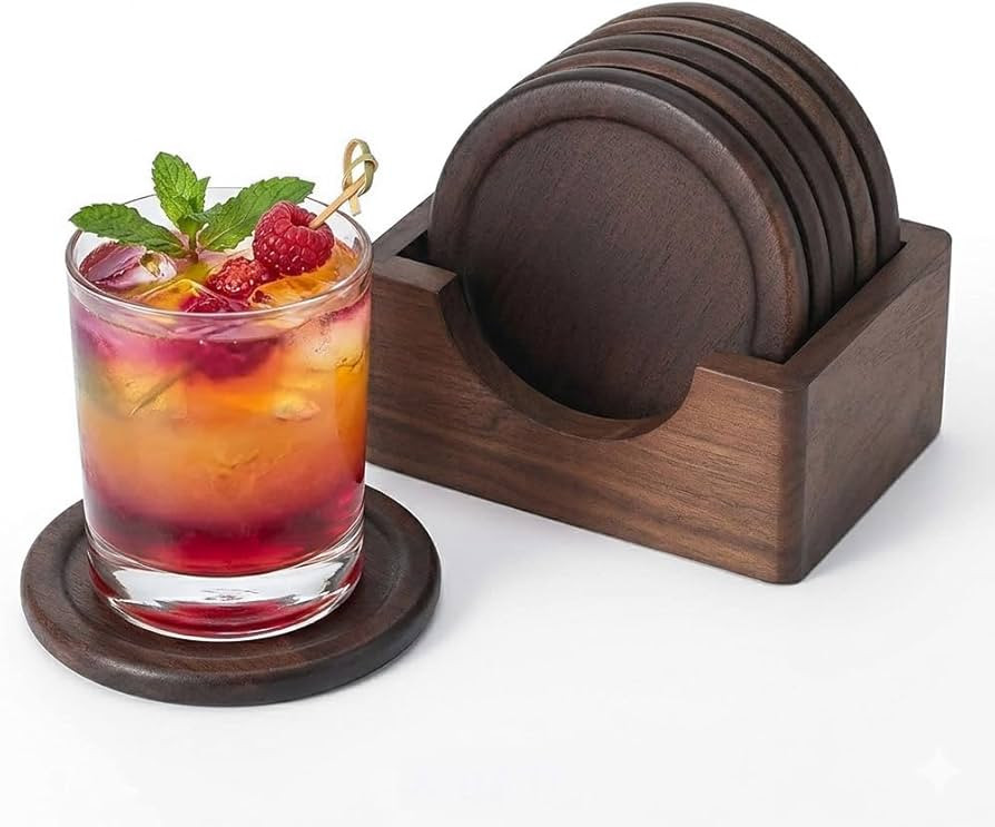 Mu&Ti Classic Walnut Dark Coaster Set of 6 Pieces. Including The Holder Pure Natural Wood and Tex... | Amazon (US)