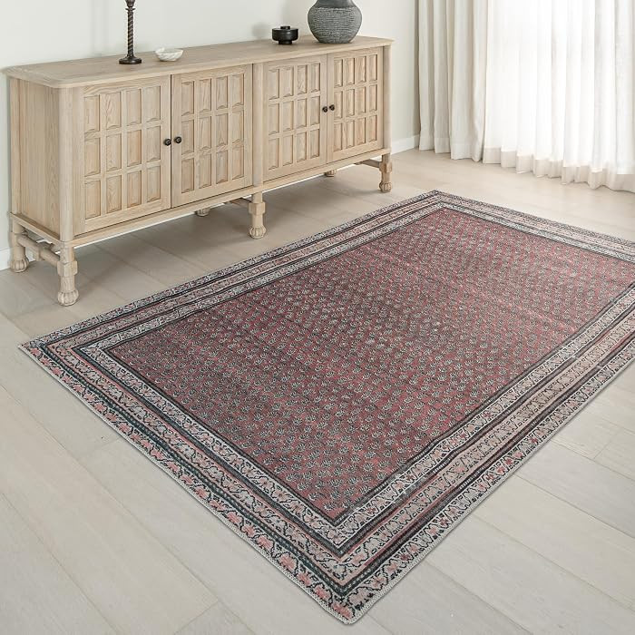 Rustic Red and Gray Area Rug – Vintage Looking Low Pile Rug for Living Room, Dining Room, High ... | Amazon (US)