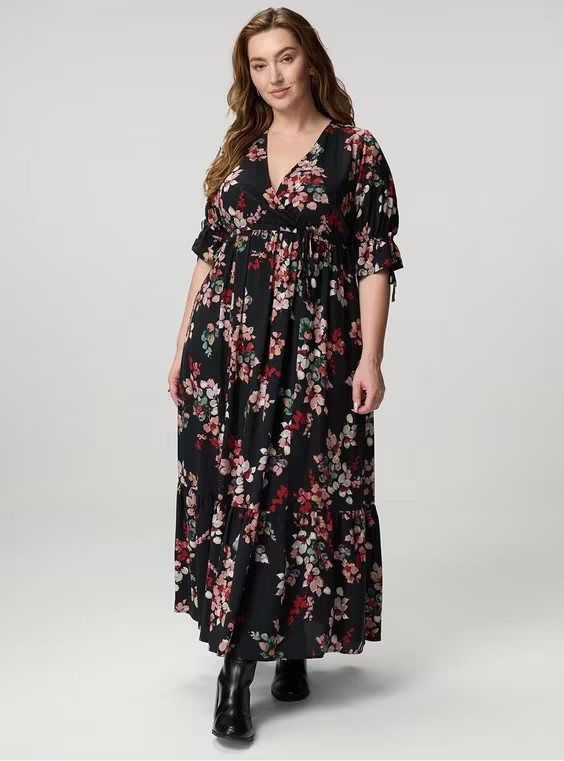Puff Sleeve Surplice Maxi Dress in Multi | Torrid (US & Canada)