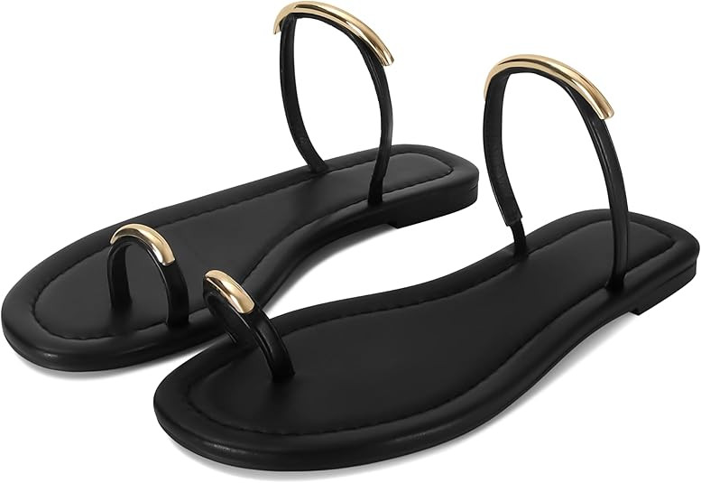 Amazon.com | SOVANYOU Toe Loop Sandals for Women Flat Strappy Black Sandals Dressy Comfortable To... | Amazon (US)