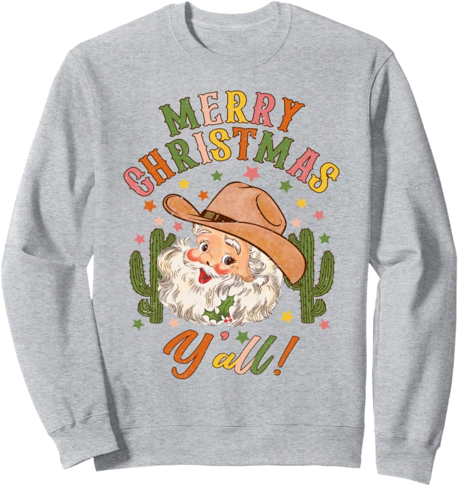Merry Christmas Y'all Howdy Santa Cowgirl Cowboy Hat Xmas Sweatshirt | Amazon (US)