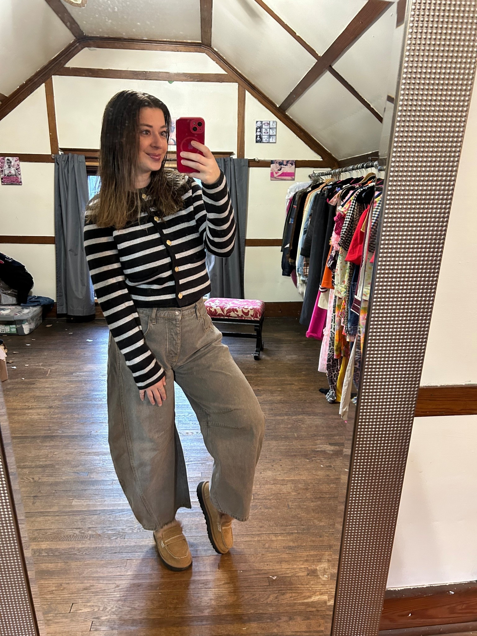 Casual Friday office outfit. Barrel jeans and brown Ugg loafers and a striped sweater with gold buttons 

#LTKdayinmylife #LTKWorkwear #LTKootd