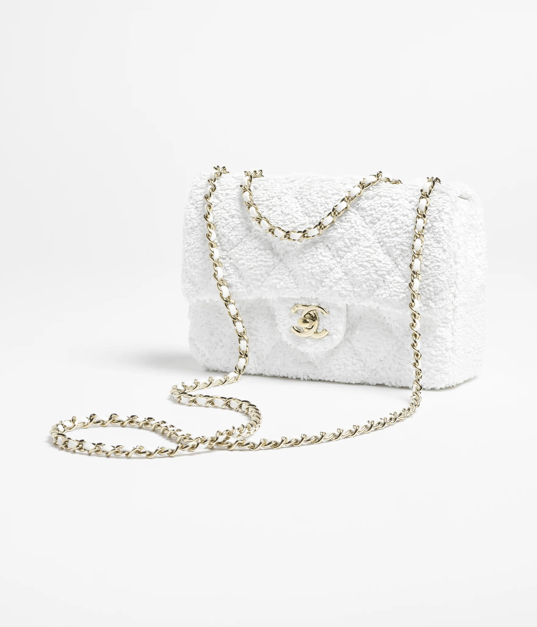Flap bag, Quilted sequins & gold-tone metal, white — Fashion | CHANEL | Chanel, Inc. (US)