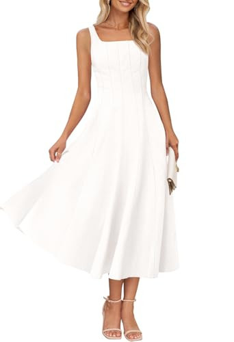 MEROKEETY Women's 2025 Summer Sleeveless Midi Dress Square Neck Smocked Flowy A Line Beach Dresses, Ivory, Medium | Amazon (US)