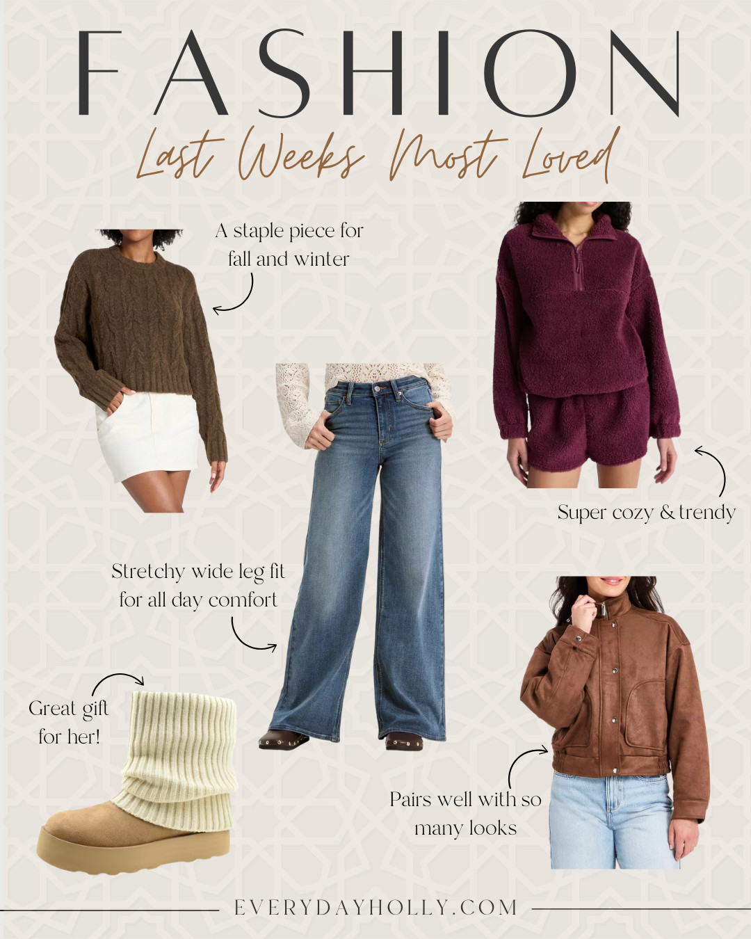 Last weeks most loved fashion finds, timeless cable knit sweater, fuzzy quarter zip, suede jacket, plush boots, winter boots, wide leg jeans, everydayholly 

 #LTKGiftGuide #LTKSeasonal #LTKFindsUnder50