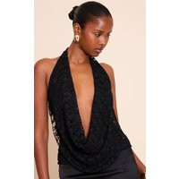 Black Textured Lace Halter Neck Top | PrettyLittleThing US
