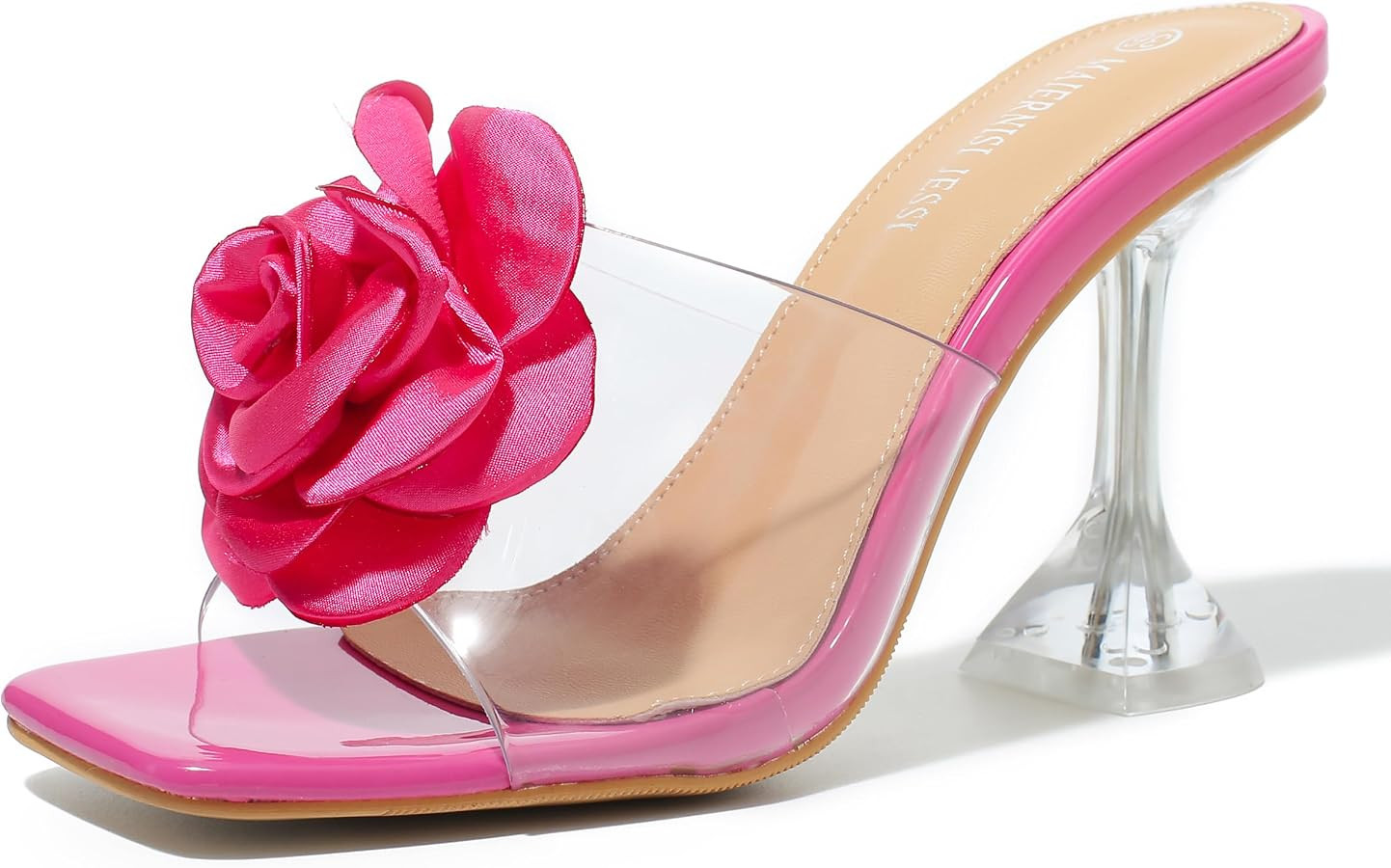 MAIERNISI JESSI Women's Flower Clear Heeled Mules, Transparent Strap, Square Open Toe, Slip on, B... | Amazon (US)