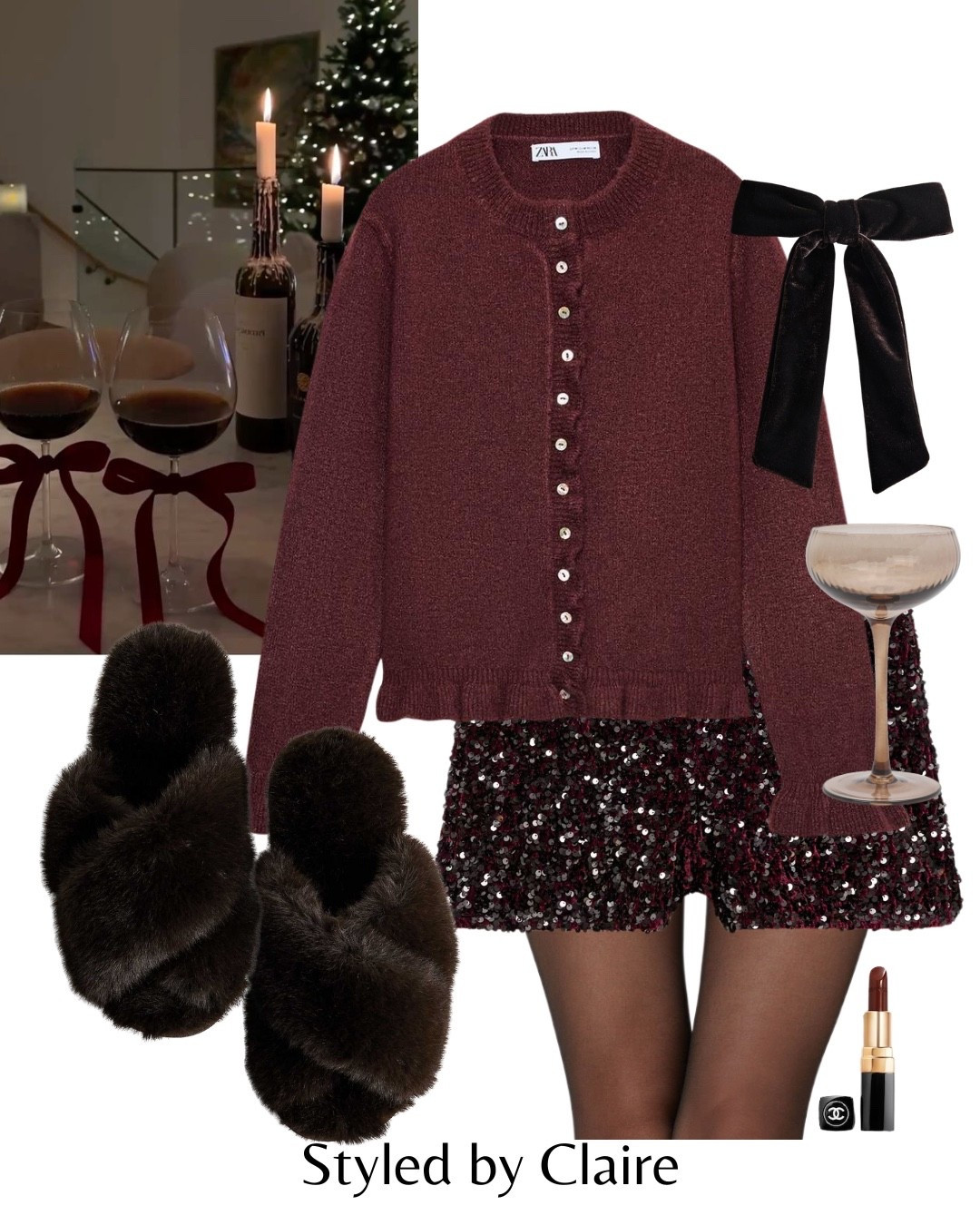 CHRISTMAS DAY IN BURGUNDY🍒
Tags: Zara cardigan frills sequin detail sequin knit shorts mini mango velvet bow fluffy slippers festive partywear night in sparkle sparkly girls cozy style

#LTKstyletip #LTKshoes #LTKpartywear