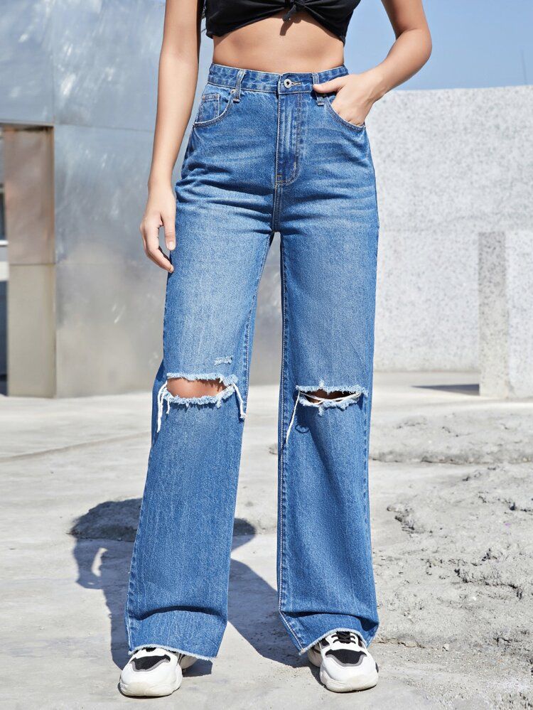 SHEIN BLUES High Waist Ripped Wide Leg Jeans | SHEIN