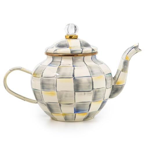 MACKENZIE-CHILDS 4-Cup Enamel Teapot, Cute Small Teapot with Lid, Gray-and-White Sterling Check | Amazon (US)