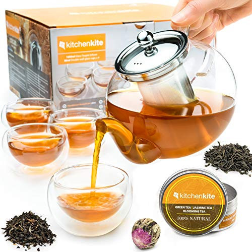 Kitchen Kite Glass Teapot Set with 4 Double Wall Teacups & Removable Stainless Steel Infuser - Microwave Dishwasher Safe Clear Blooming Loose Leaf Teas, Tea Maker Gift | Amazon (US)