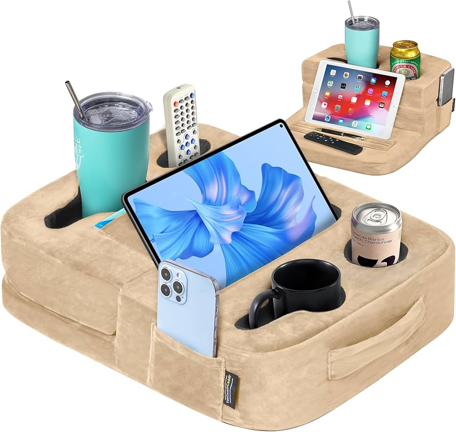 Couch Cup Holder Tray Pillow - Bed, Couch Caddy, Sofa, RV & Car - Holds Drinks, Snacks, Remotes, ... | Amazon (US)