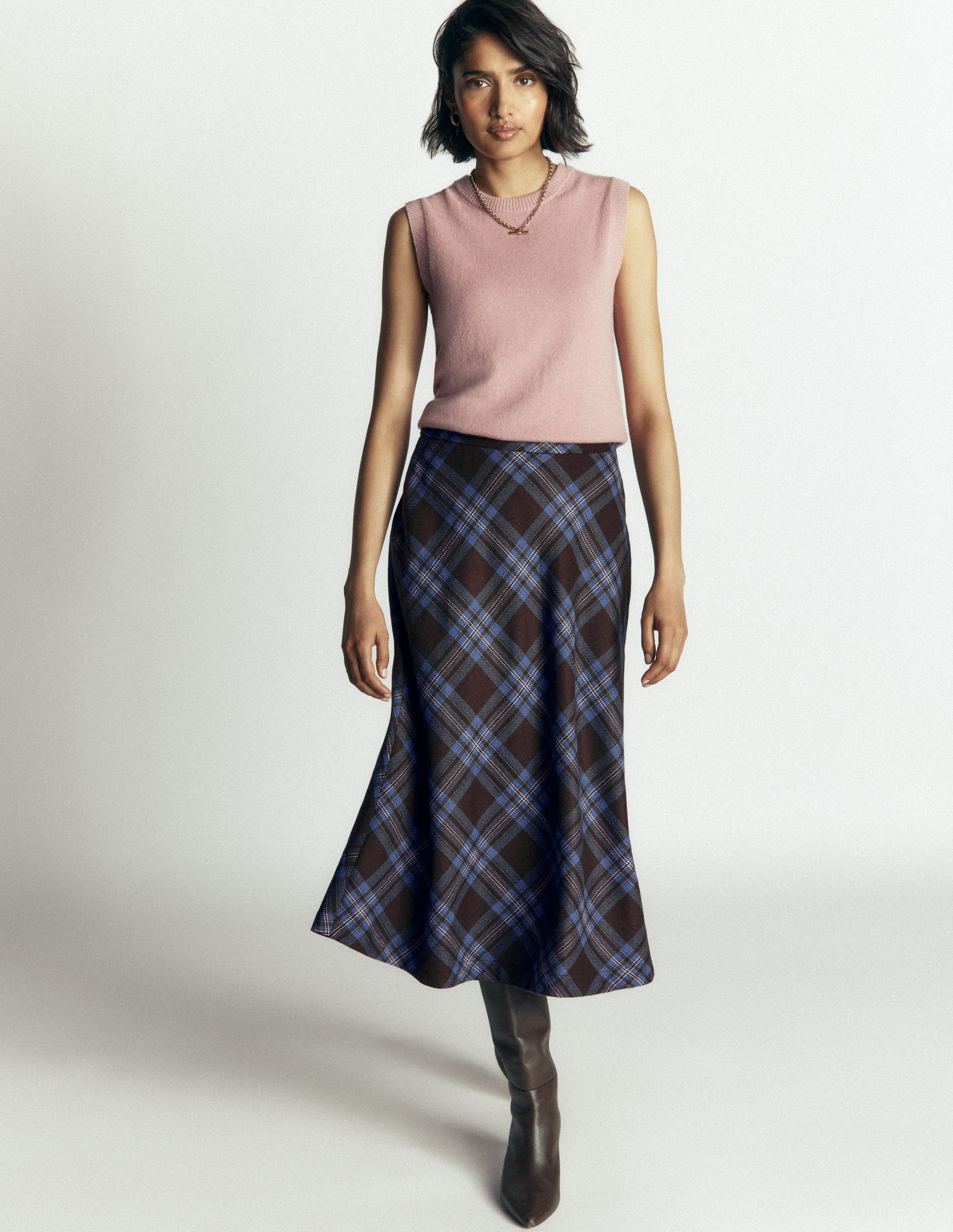 Wool Blend Slip Skirt-Brown Check | Boden (US)