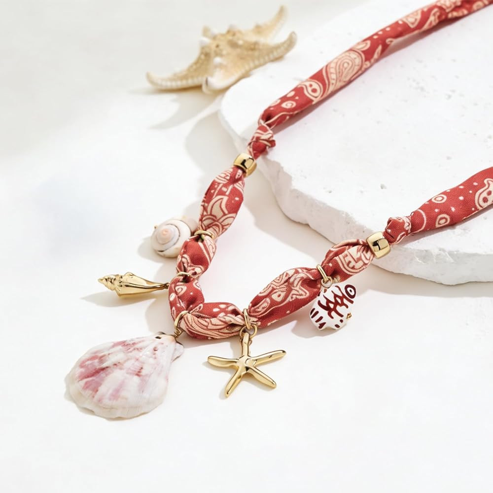 WOWORAMA Colorful Scarf Necklace with Seashell Starfish Charm Necklaces for Women Summer Bandana ... | Amazon (US)