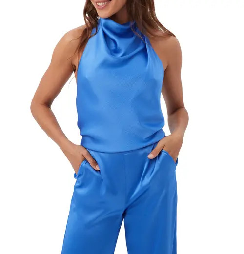 Trina Turk Lanika Satin Cowl Neck Halter Top in Beach Ball Blue at Nordstrom, Size Small | Nordstrom