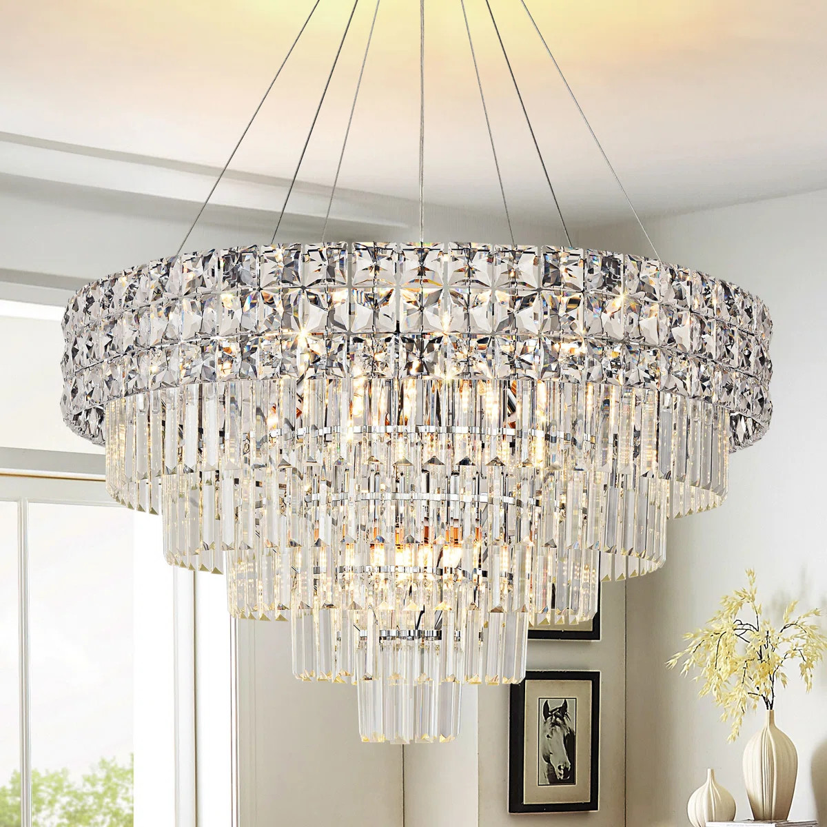 Crystal Chandelier Pendant Light, Adjustable Height for Sloped Ceilings, 3-Color Switchable, Chro... | Wayfair North America