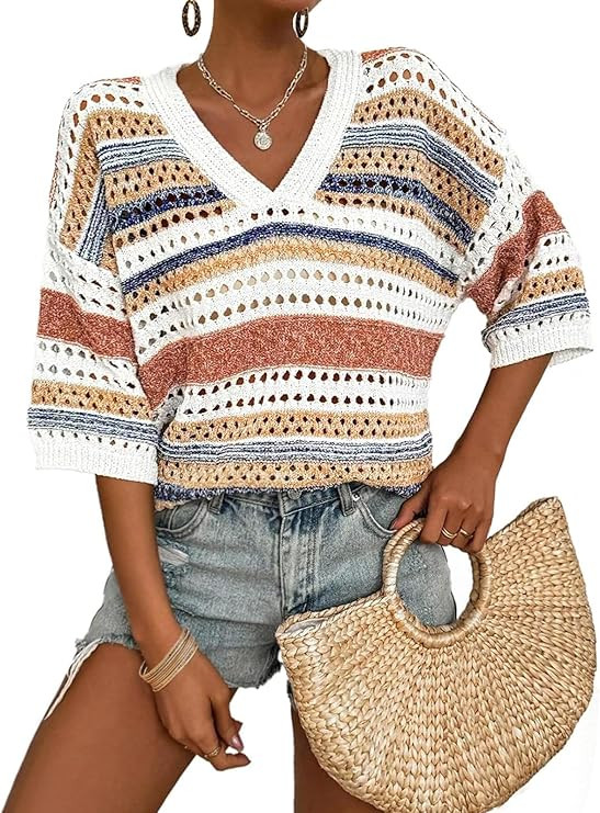 Saodimallsu Womens Short Sleeve Sweaters V Neck Crochet Knit Striped Hollow Out Tops Beach Cruise... | Amazon (US)
