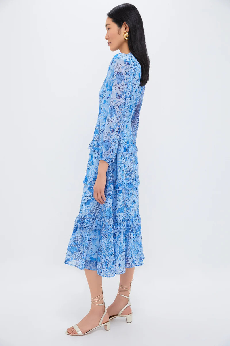 Blue Multi Abstract Floral Rosalind Ruffle Midi Dress | Tuckernuck (US)