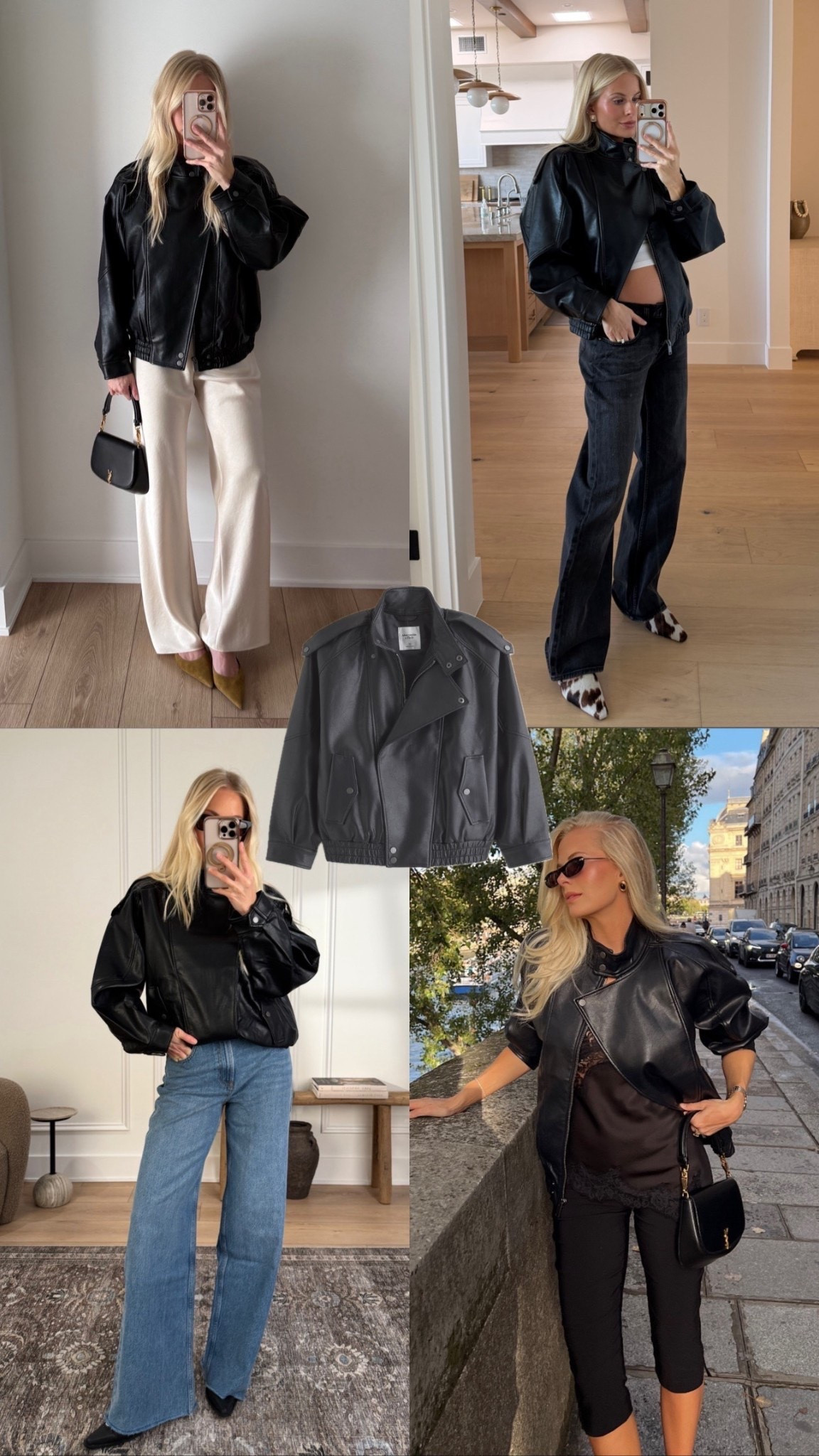 SIZE: small here (pre-pregnancy), sized up to a med pp! #kathleenpost

Fall jacket faves, leather bomber jacket outfit, fall outfit inspo, fall fashion trends