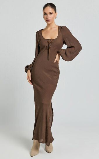 Sydney Midi Dress - Scoop Neck Long Sleeve Slip Dress in Brown | Showpo (US, UK & Europe)