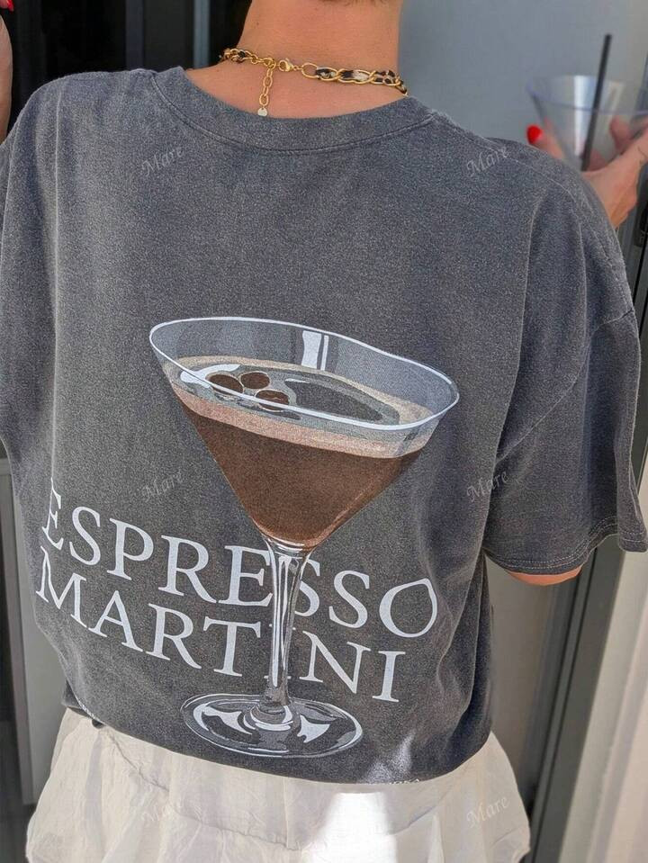 Women Regular Crew Neck Short Sleeve Casual T-Shirt, "Espresso Martini Coffee Summer Club" | SHEIN