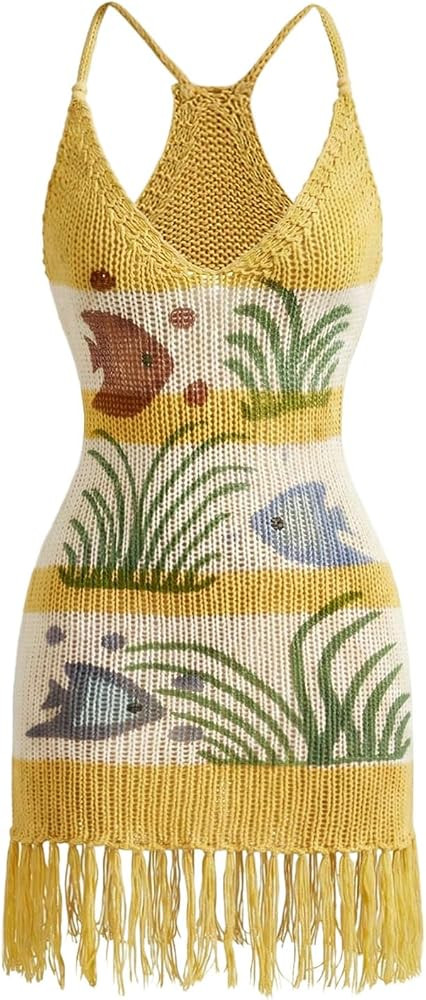 RoseSeek Women's Color Block Fish Print Crochet Mini Dress Tassel Hem Bodycon Dresses Beach Cover... | Amazon (US)