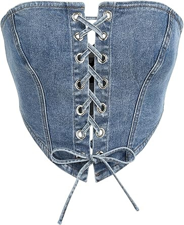 CIDER Women's Denim Lace Up Corset Crop Tube Top | Amazon (US)