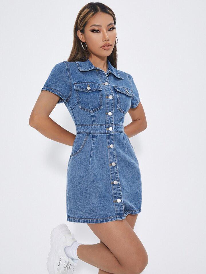 SHEIN PETITE Flap Pocket Button Through Denim Dress | SHEIN