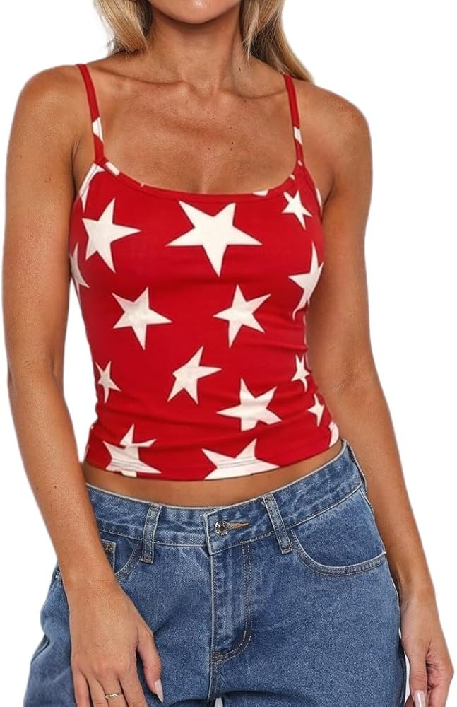 Women 4th of July Cami Top Fitted Spaghetti Strap Backless Tank Tops American Flag Star Camisole ... | Amazon (US)