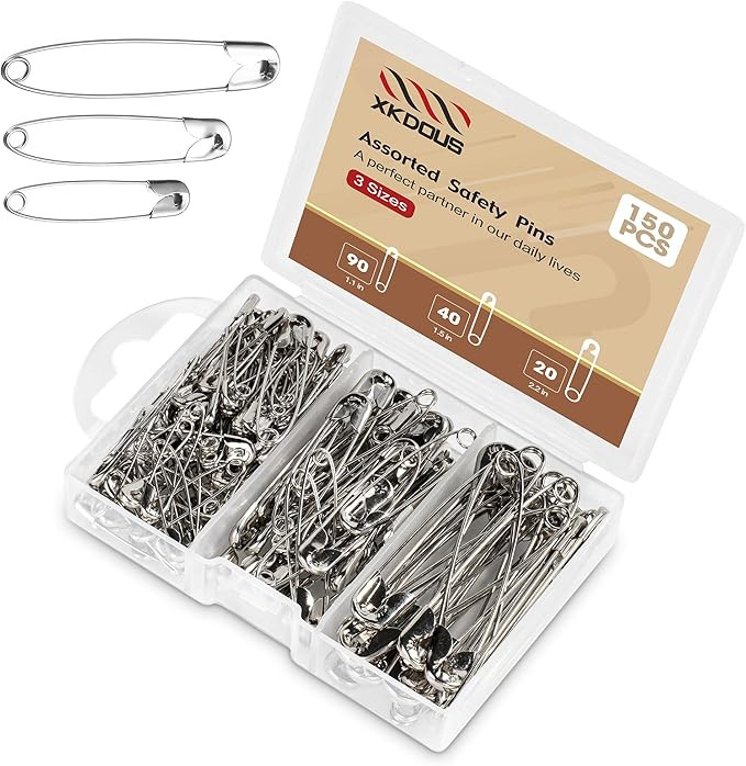XKDOUS Safety Pins - 150 Pcs Assorted Sizes Silver Pins Bulk - Small & Large Heavy Duty for Cloth... | Amazon (US)