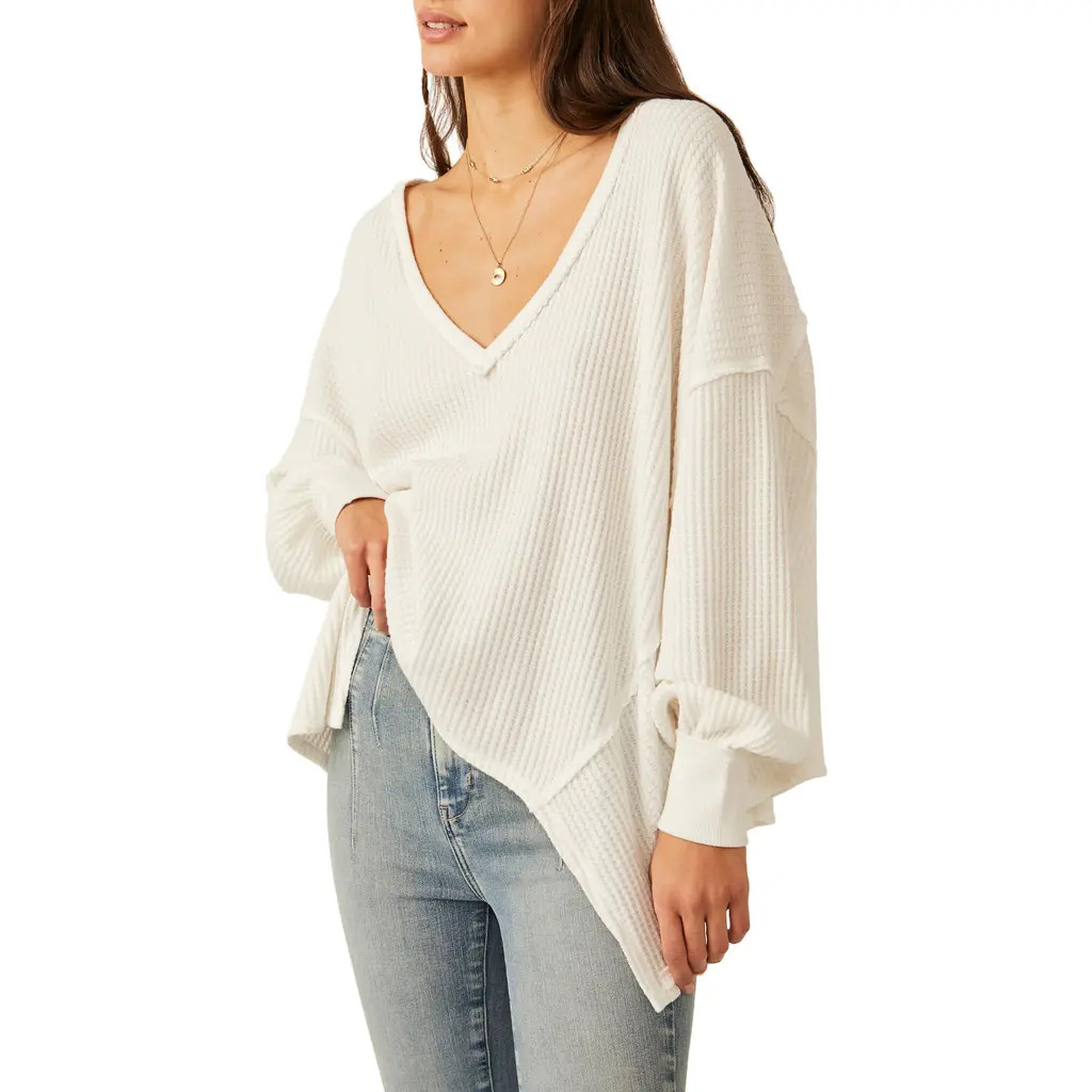 Free People Coraline Balloon Sleeve Thermal Top in Ivory at Nordstrom, Size Large | Nordstrom
