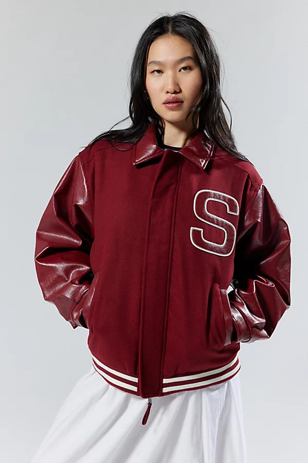 House Of Sunny Free Falling Faux Leather Varsity Jacket in Red, Women's at Urban Outfitters | Urban Outfitters (US and RoW)