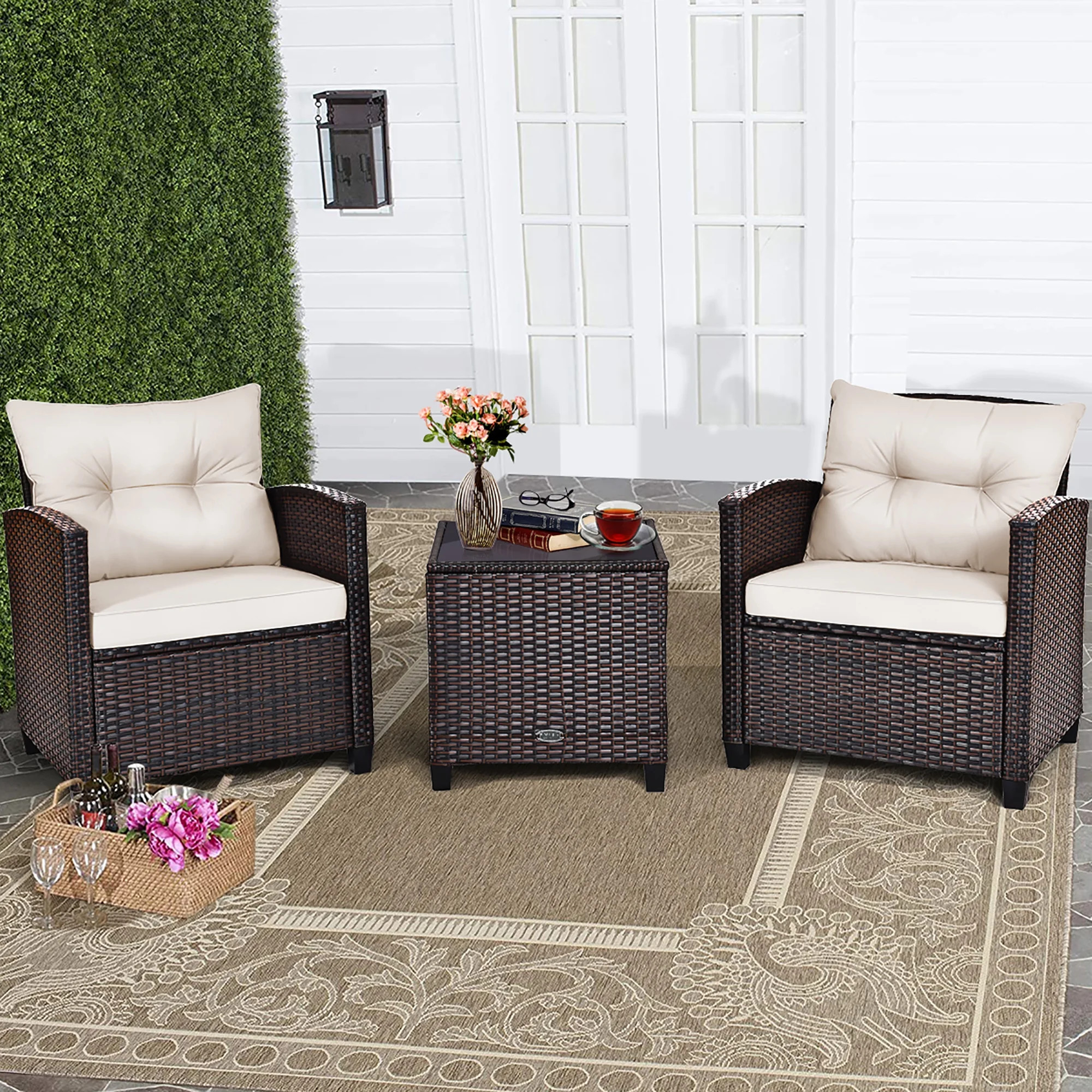 3 Pieces Patio Rattan Furniture Set Cushioned Sofa Coffee Table Garden Off-White - Walmart.com | Walmart (US)