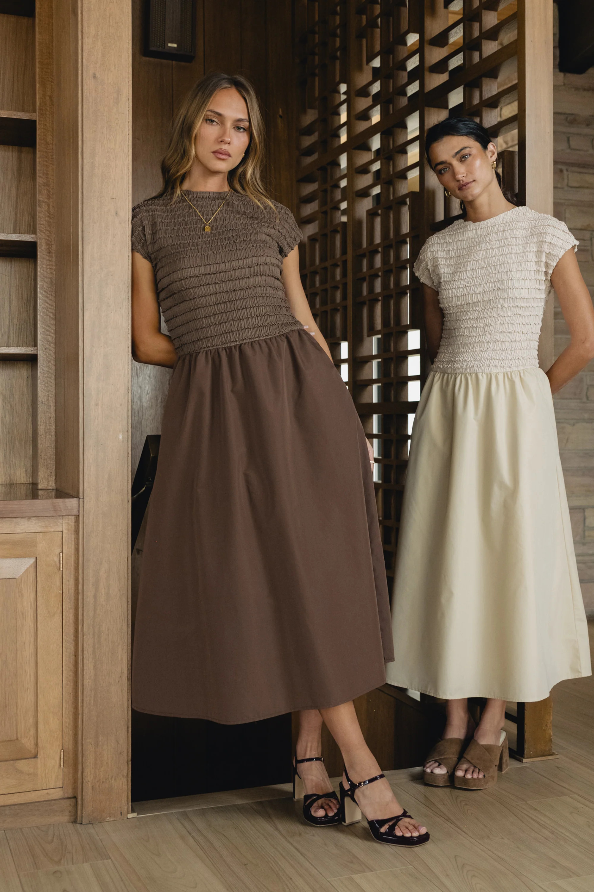 Lorie Mixed Media Maxi Dress in Brown | Böhme US