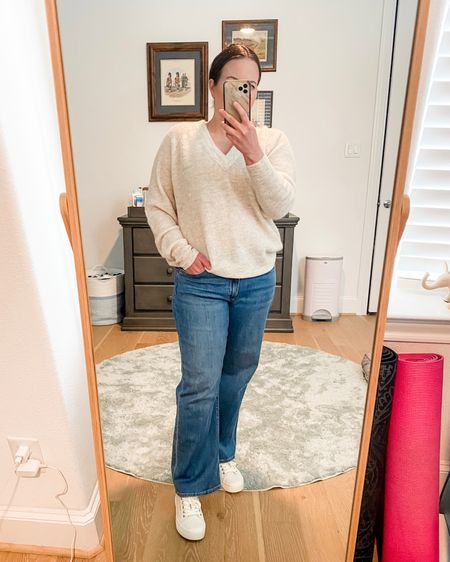 Winter outfit / light gray sweater / petite friendly flared jeans / white sneakers / casual mom outfit / spring fashion 

#LTKSeasonal #LTKover40 #LTKfindsunder100