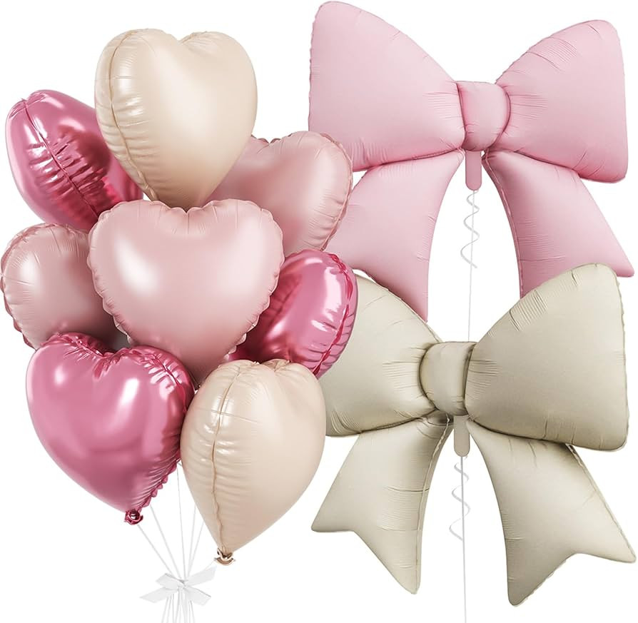 Pink White Heart Balloons, Foil Bow Balloons, 10Pcs 18 Inch Heart Shaped Balloon and 38 Inch Heli... | Amazon (US)