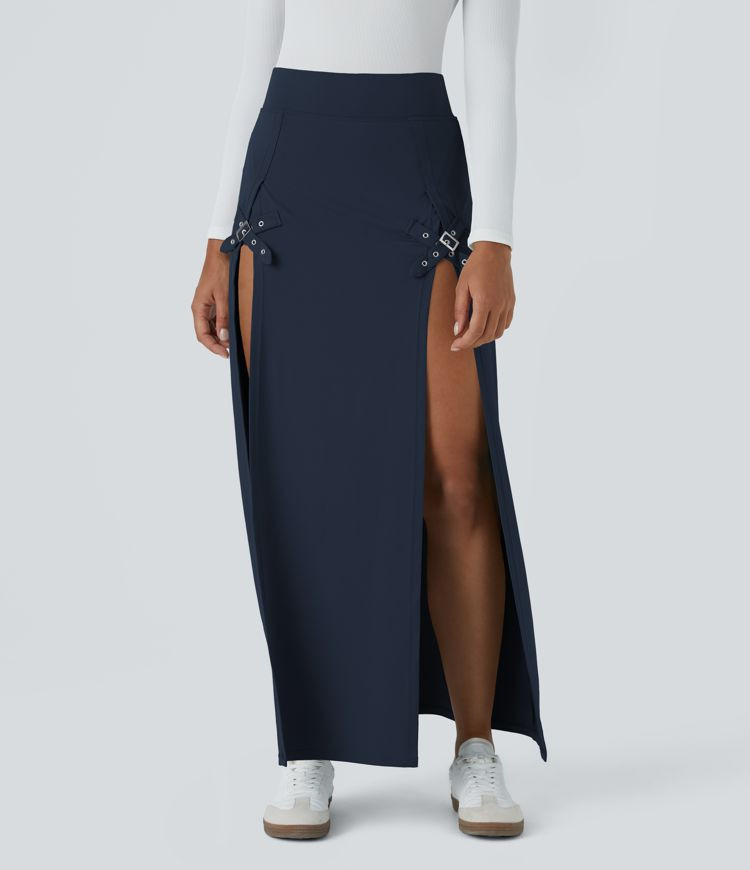 Women’s High Waisted Decorative Buckle Split 2-in-1 Maxi Casual Skirt - Halara | HALARA