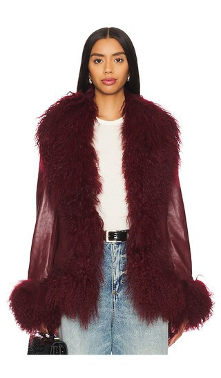 Susanna Chow Dorothy Leather Coat With Fur Trim in Burgundy. - size M | Revolve Clothing (Global)