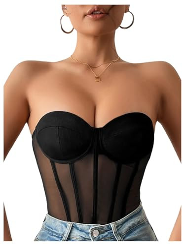 OYOANGLE Women's Mesh Strapless Corset Bodysuit Sleeveless Slim Fitted Tube Top Bodysuits Party C... | Amazon (US)