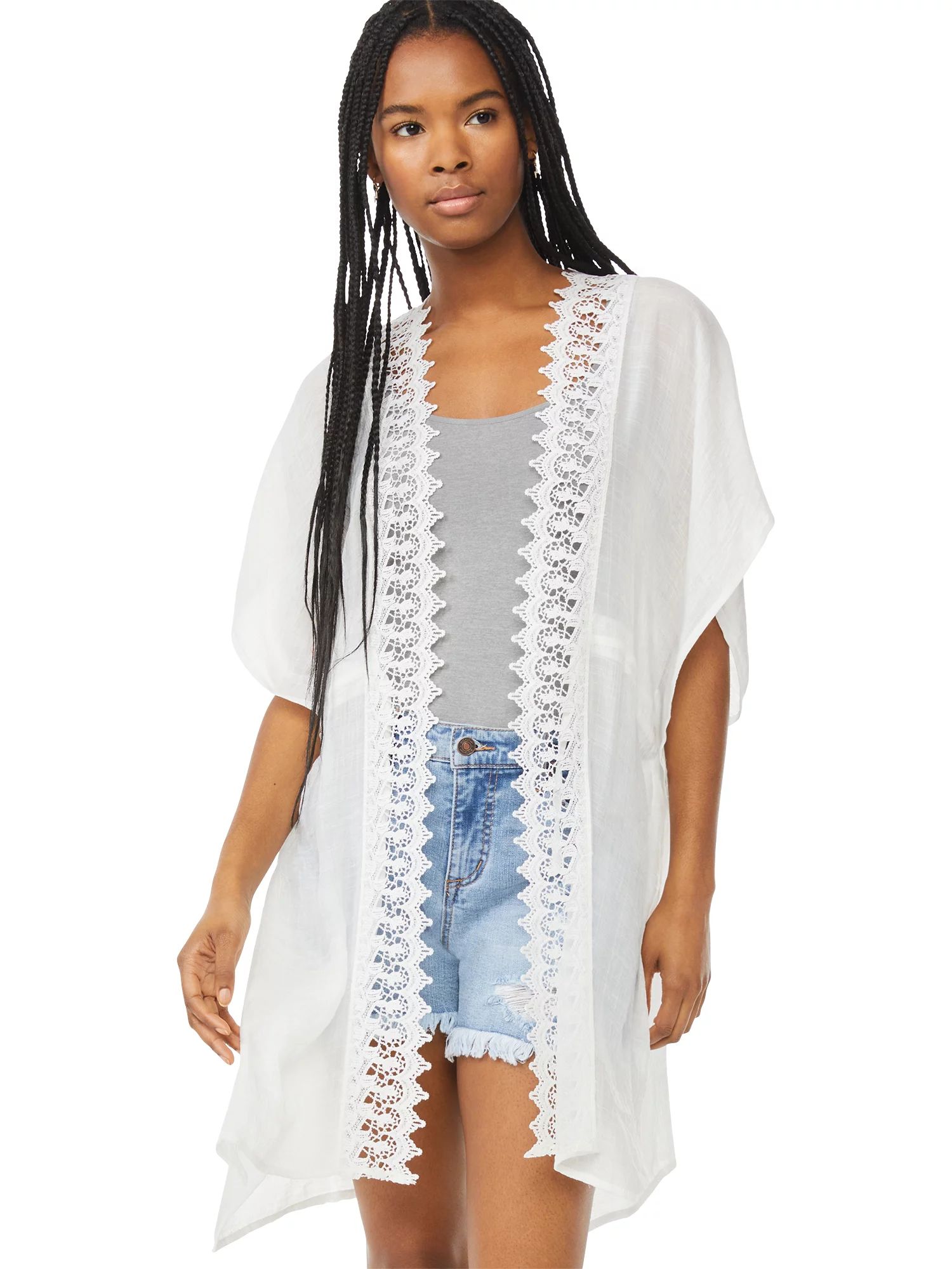 Scoop Adult Women’s Open Front Kimono with Lace Trim, S/M | Walmart (US)