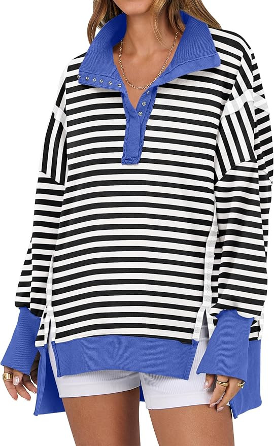 ANRABESS Women's Sweatshirts Oversized Casual Loose Button Up Henley Pullover Top High Low Split ... | Amazon (US)