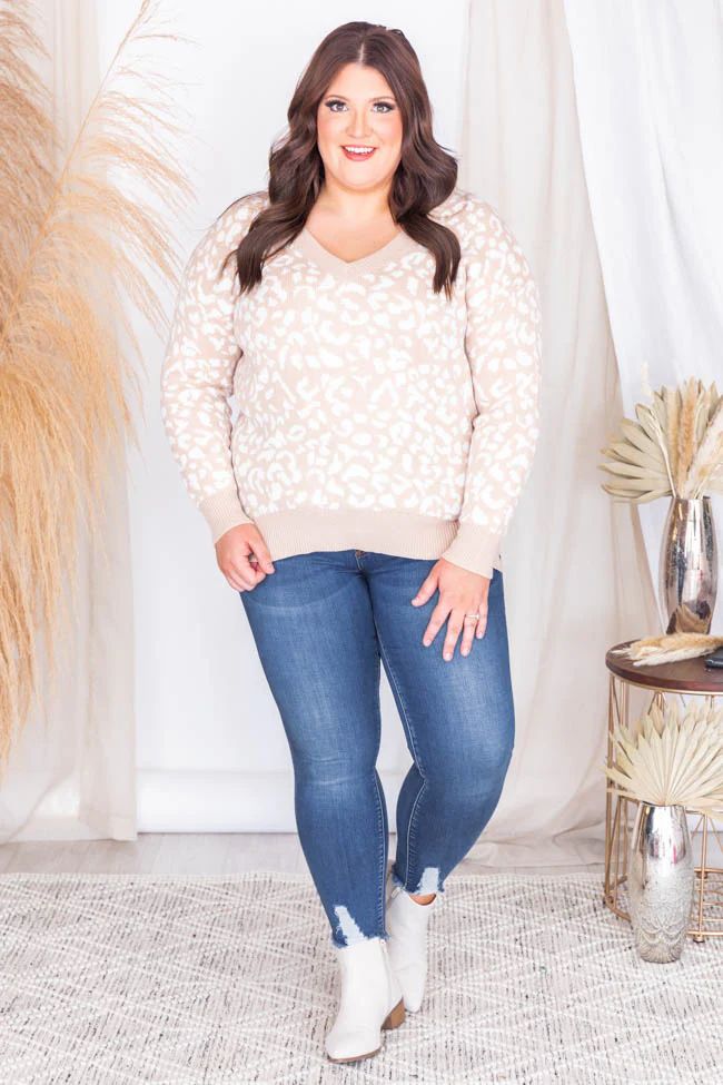 Need Inspiration Taupe Animal Print V-Neck Sweater | The Pink Lily Boutique