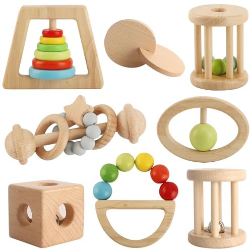 Wooden Baby Rattle, 8PCS Wooden Baby Toys for 7-24 Months Babies, Wooden Montessori Grasp Toy, Natural Beech Wood Baby Grip Toy, Wooden Rattles Toy for Infant Grasping (Colorful) | Amazon (US)