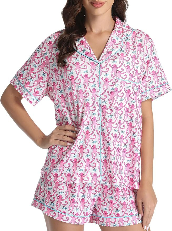2 Piece Preppy Pajamas Button Down Y2k Print Monkey Pajamas for Women Cute Beach Shorts Set pjs L... | Amazon (US)