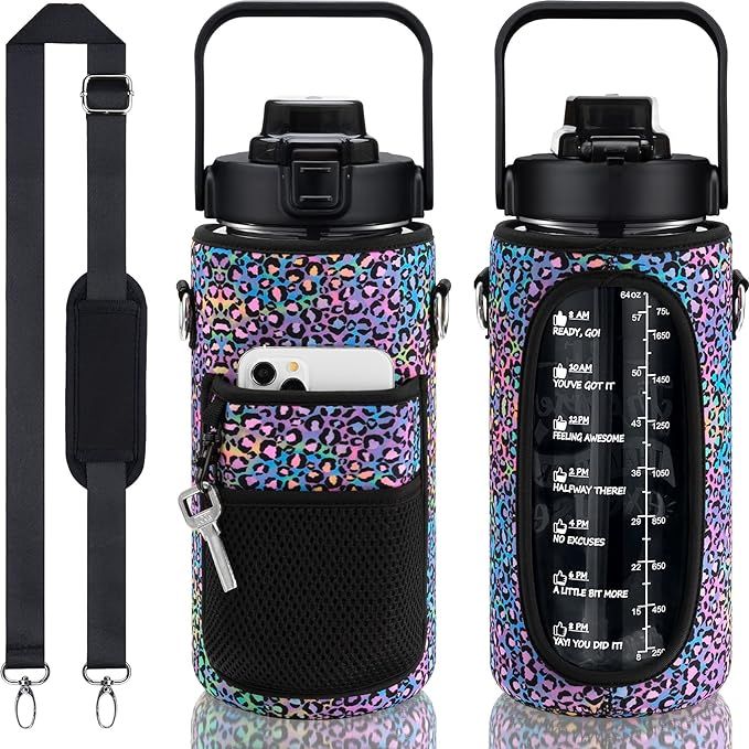 Half Gallon Water Bottle with Sleeve & Strap 64 OZ Motivational Water Bottle with Straw & Time Ma... | Amazon (US)