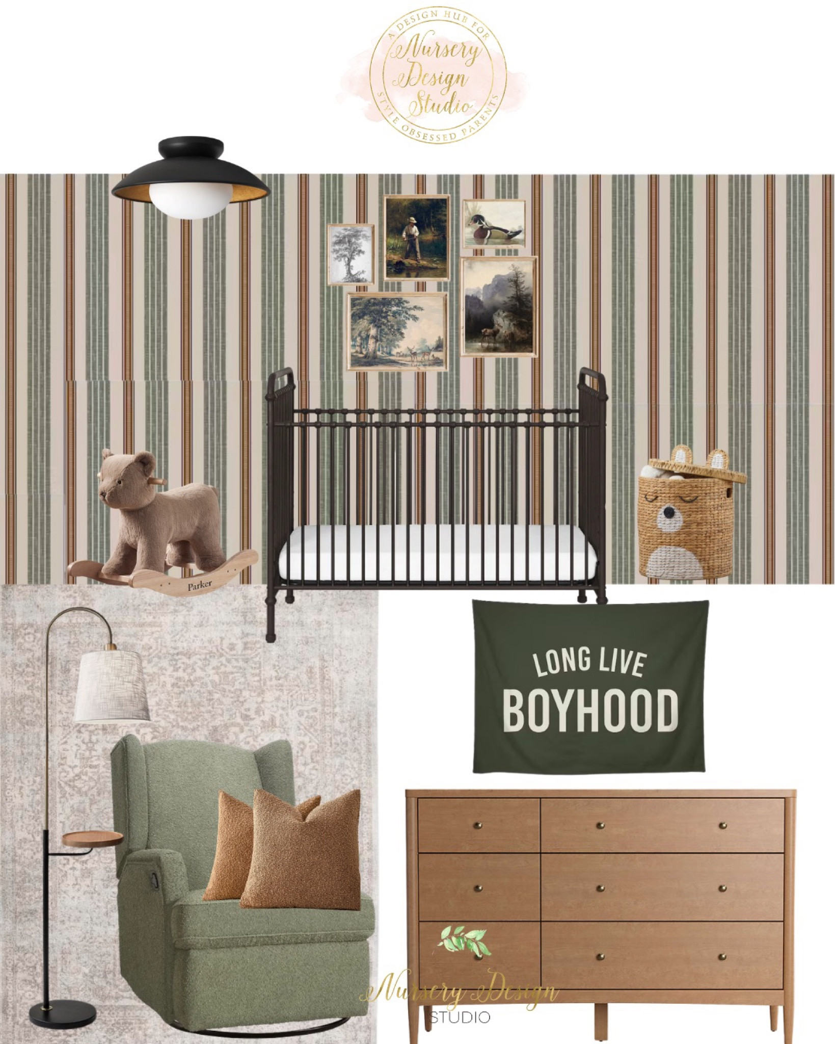 Beautiful nursery inspiration, green glider, nursery dresser changing table, metal crib 

#LTKhome #LTKbaby #LTKbump