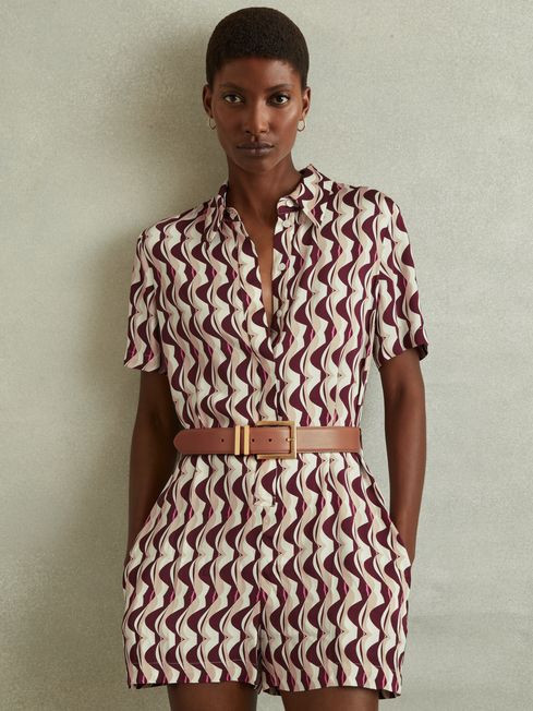 Reiss Burgundy Greta Wave Print Belted Playsuit | Reiss US
